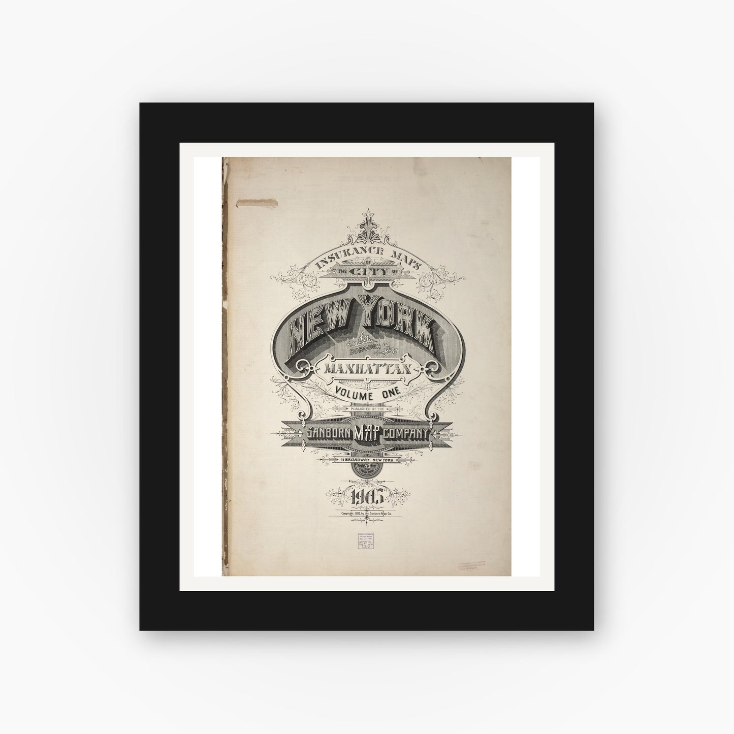 Old map wall art mockup — black gallery frame with white mat — Sanborn Fire Insurance Map from New York, Bronx, Manhattan, New York (1905), Sheet #0001