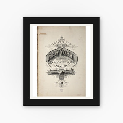 Old map wall art mockup — black gallery frame with white mat — Sanborn Fire Insurance Map from New York, Bronx, Manhattan, New York (1905), Sheet #0001