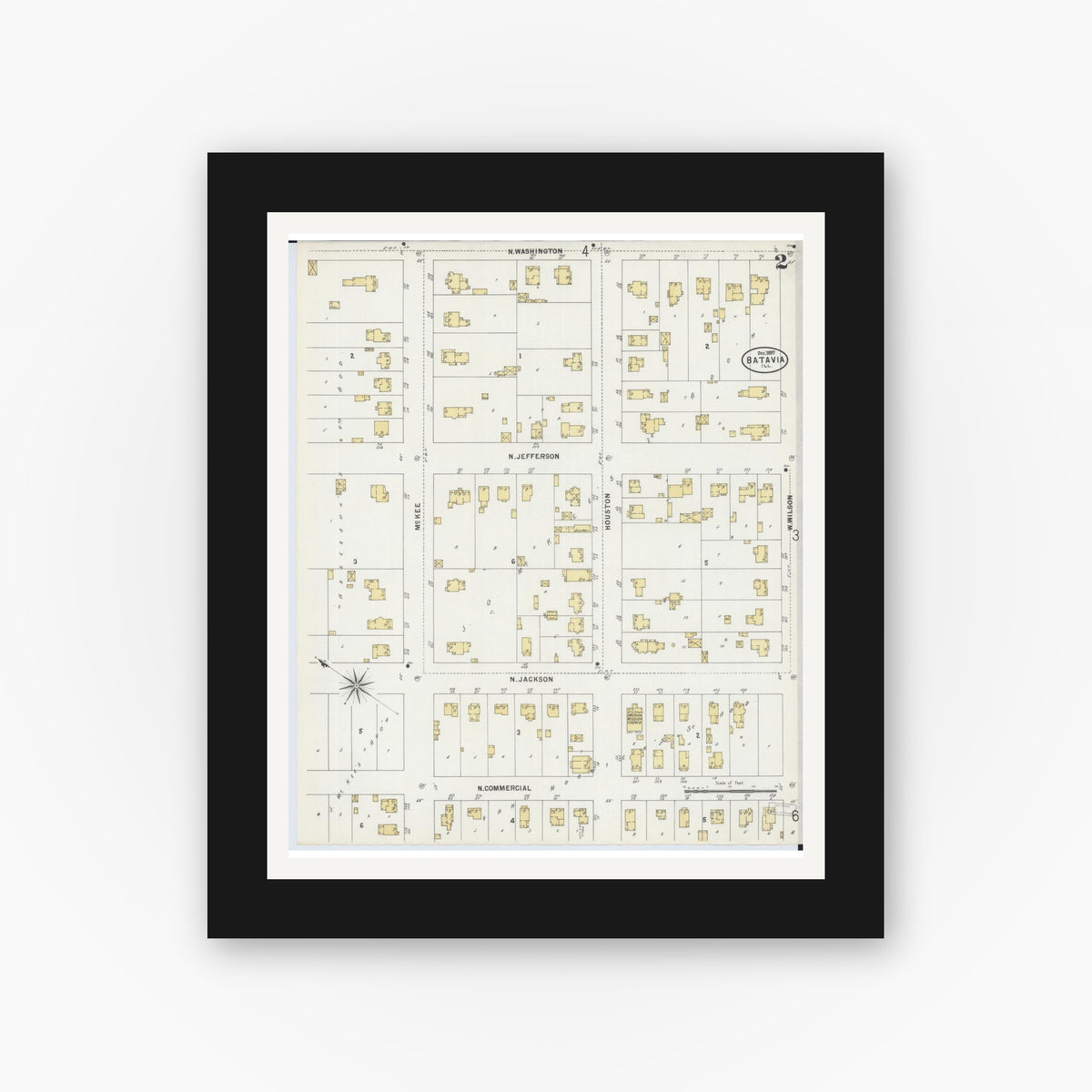 Old map wall art mockup — black gallery frame with white mat — Sanborn Fire Insurance Map from Batavia, Kane County, Illinois (1897), Sheet #0002