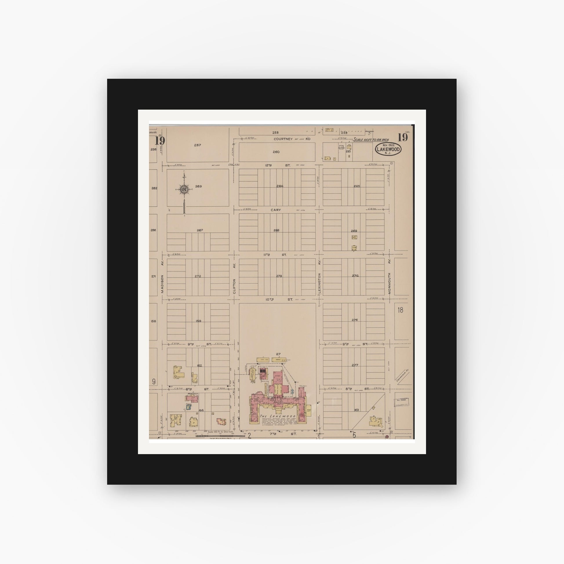 Old map wall art mockup — black gallery frame with white mat — Sanborn Fire Insurance Map from Lakewood, Ocean County, New Jersey (1922), Sheet #0019