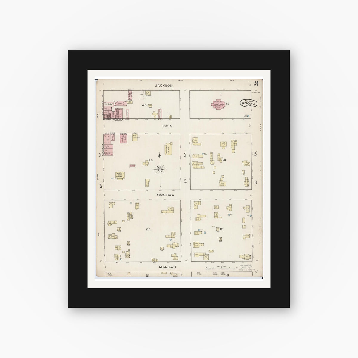 Old map wall art mockup — black gallery frame with white mat — Sanborn Fire Insurance Map from Anoka, Anoka County, Minnesota (1885), Sheet #0003