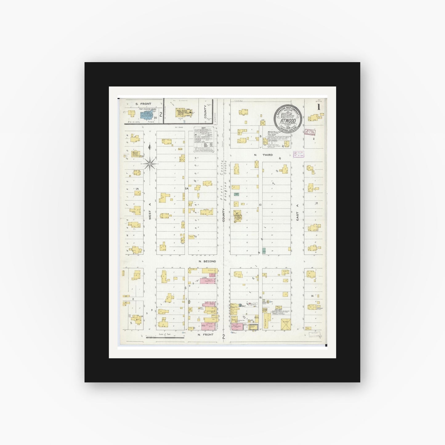 Old map wall art mockup — black gallery frame with white mat — Sanborn Fire Insurance Map from Atwood, Douglas And Piatt Counties, Illinois (1909) - Complete Map Set