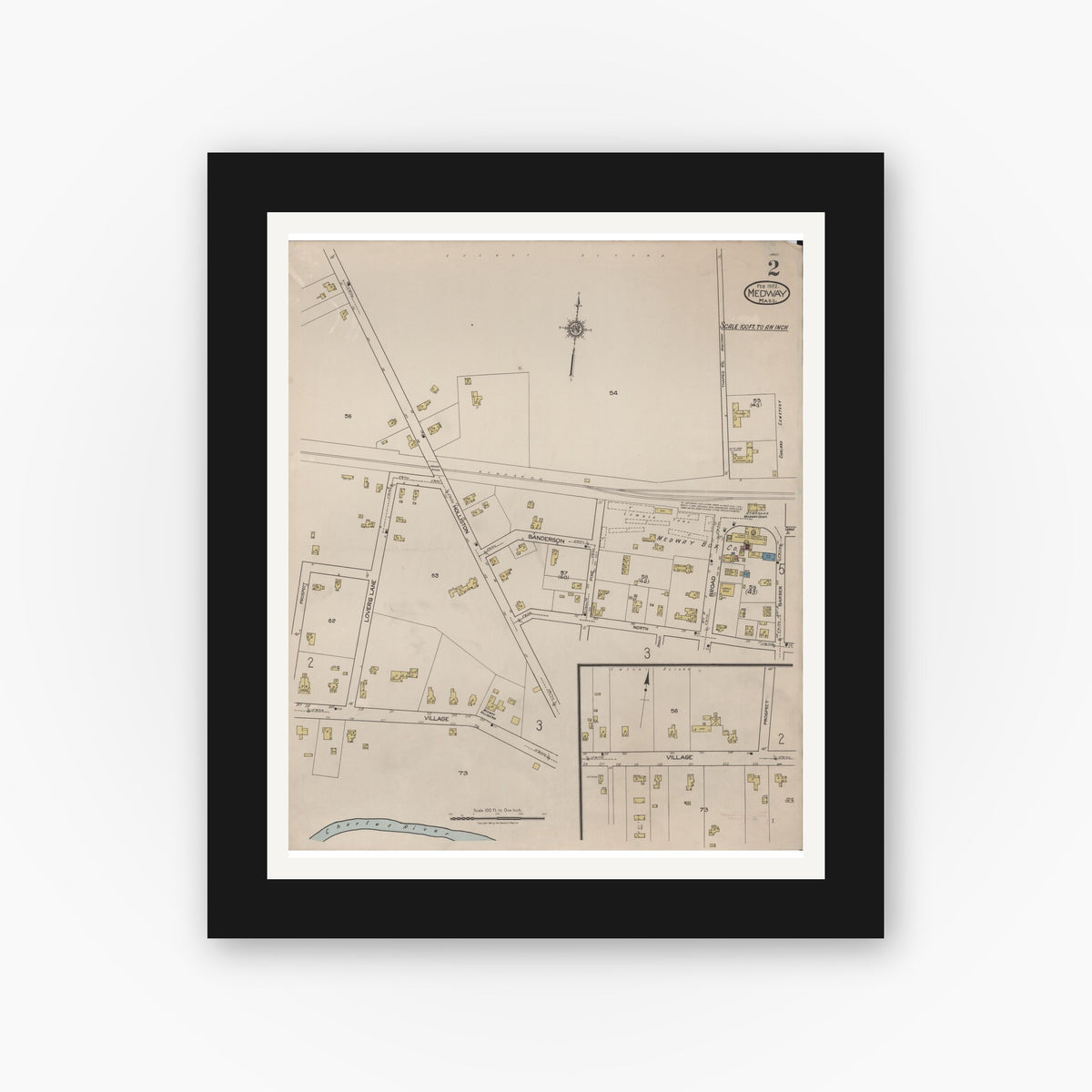 Old map wall art mockup — black gallery frame with white mat — Sanborn Fire Insurance Map from Medway, Norfolk County, Massachusetts (1922), Sheet #0002