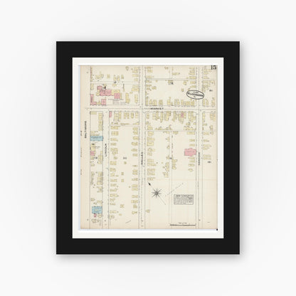 Old map wall art mockup — black gallery frame with white mat — Sanborn Fire Insurance Map from Wilkes Barre, Luzerne County, Pennsylvania (1884), Sheet #0015