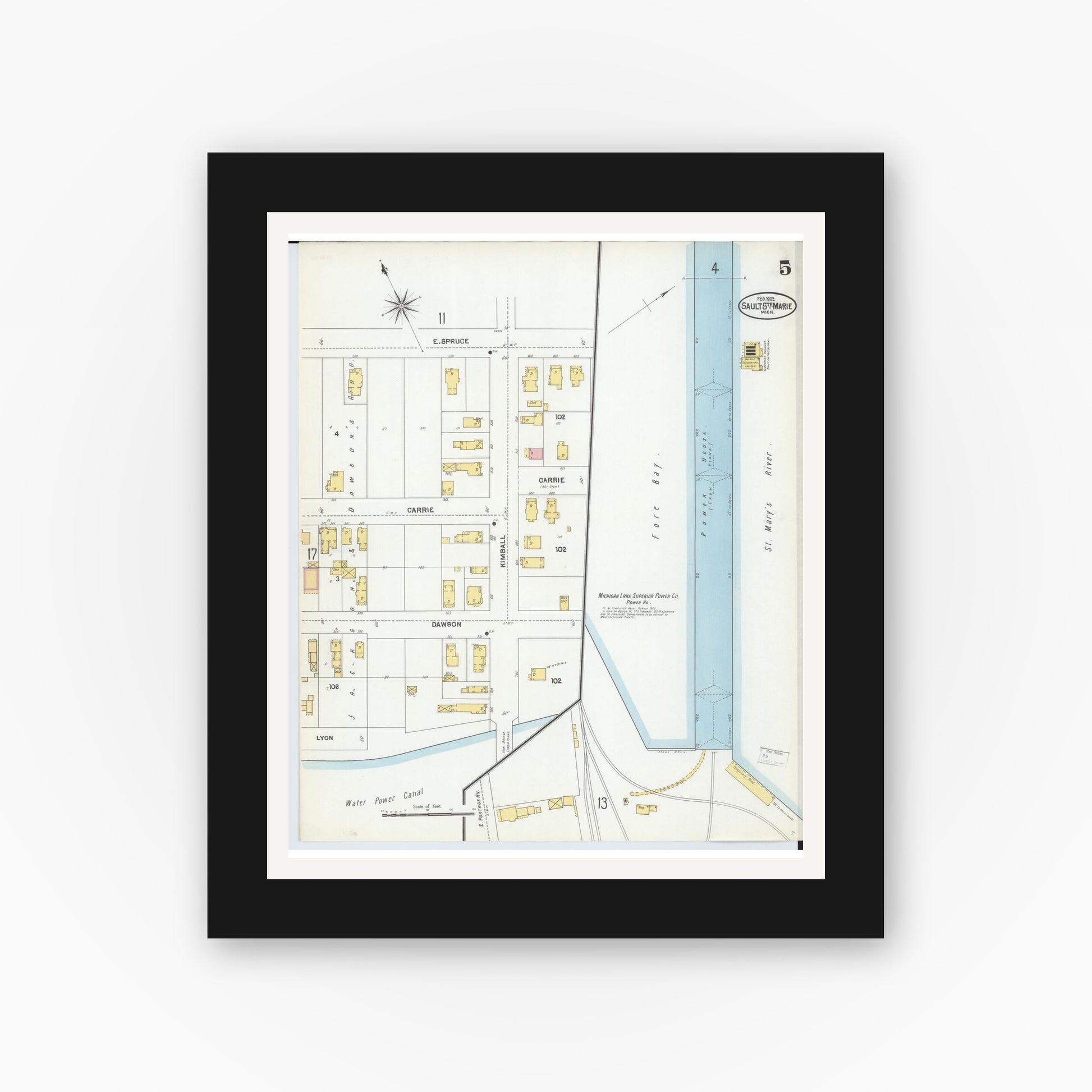 Old map wall art mockup — black gallery frame with white mat — Sanborn Fire Insurance Map from Sault Sainte Marie, Chippewa County, Michigan (1902), Sheet #0005