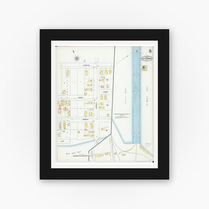 Old map wall art mockup — black gallery frame with white mat — Sanborn Fire Insurance Map from Sault Sainte Marie, Chippewa County, Michigan (1902), Sheet #0005