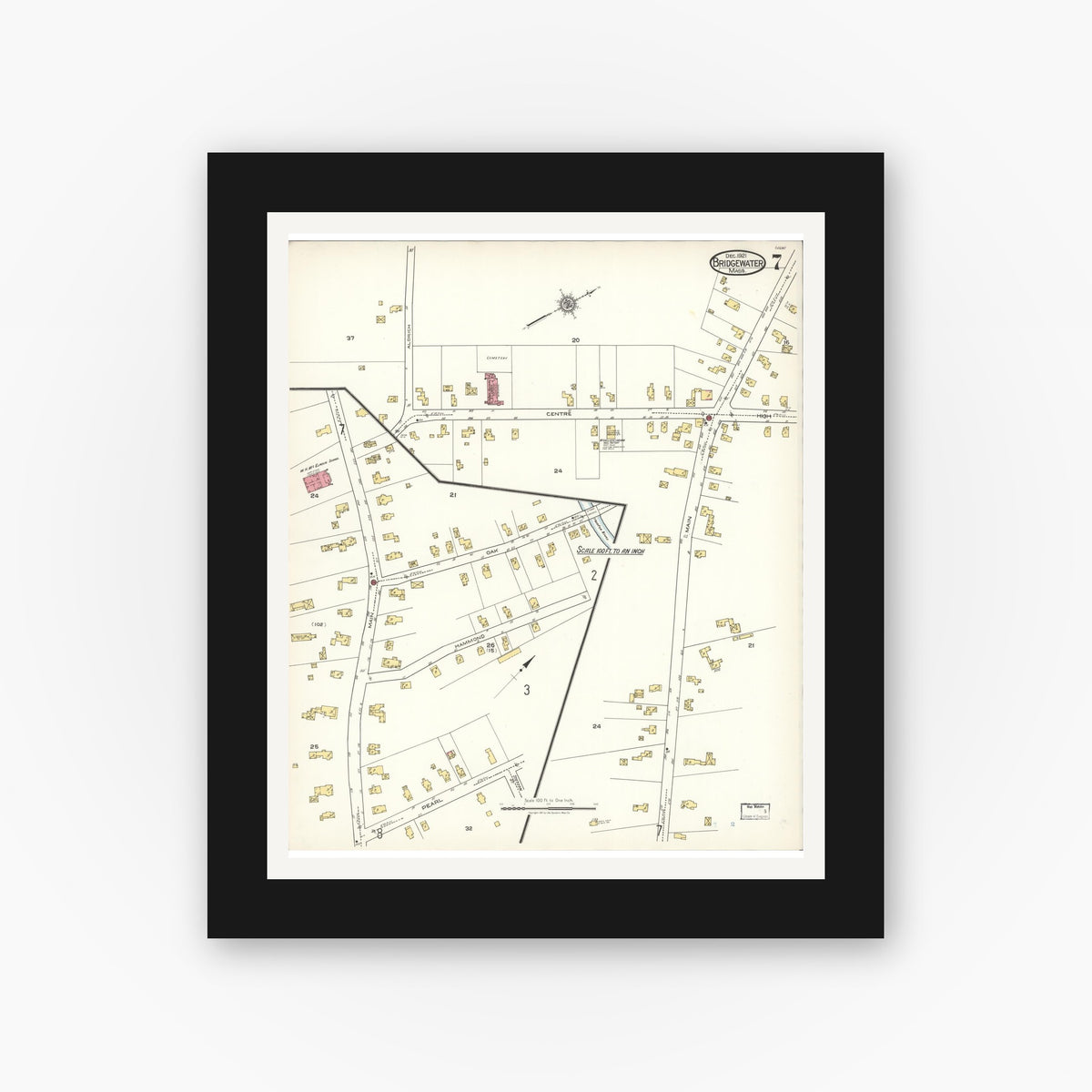 Old map wall art mockup — black gallery frame with white mat — Sanborn Fire Insurance Map from Bridgewater, Plymouth County, Massachusetts (1921), Sheet #0007