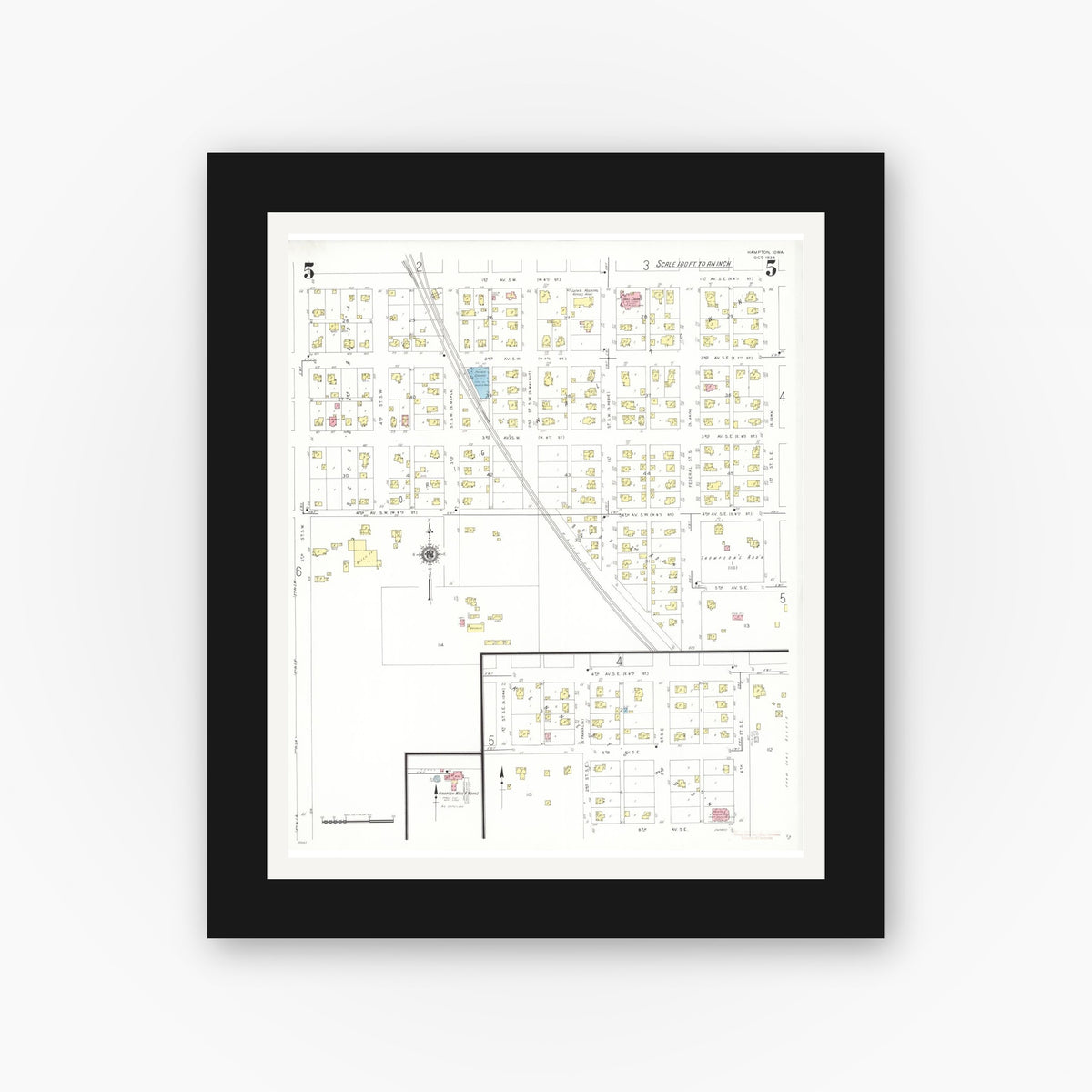 Old map wall art mockup — black gallery frame with white mat — Sanborn Fire Insurance Map from Hampton, Franklin County, Iowa (1938), Sheet #0005