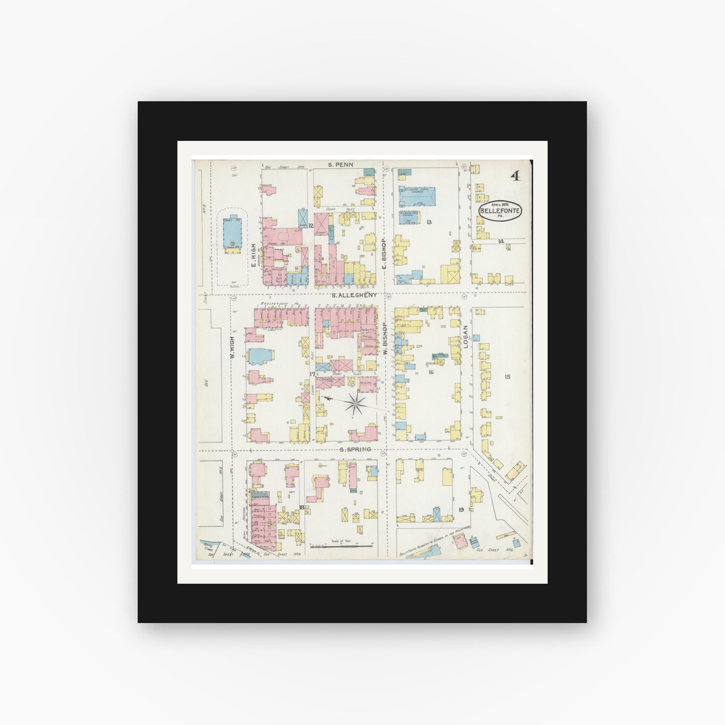 Old map wall art mockup — black gallery frame with white mat — Sanborn Fire Insurance Map from Bellefonte, Centre County, Pennsylvania (1892), Sheet #0004
