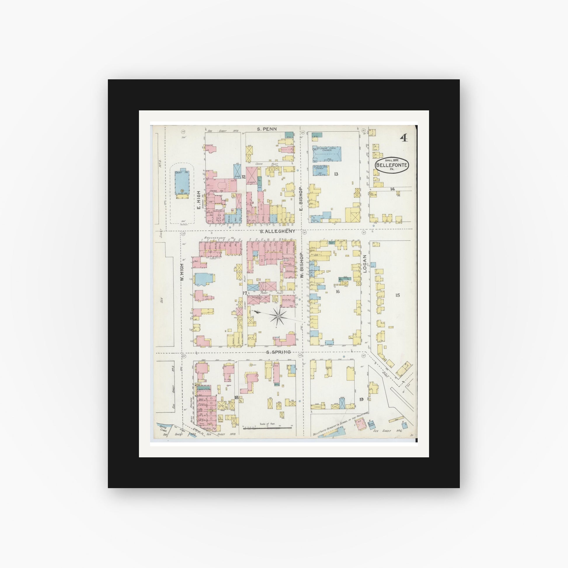Old map wall art mockup — black gallery frame with white mat — Sanborn Fire Insurance Map from Bellefonte, Centre County, Pennsylvania (1892), Sheet #0004