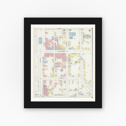 Old map wall art mockup — black gallery frame with white mat — Sanborn Fire Insurance Map from Bellefonte, Centre County, Pennsylvania (1892), Sheet #0004