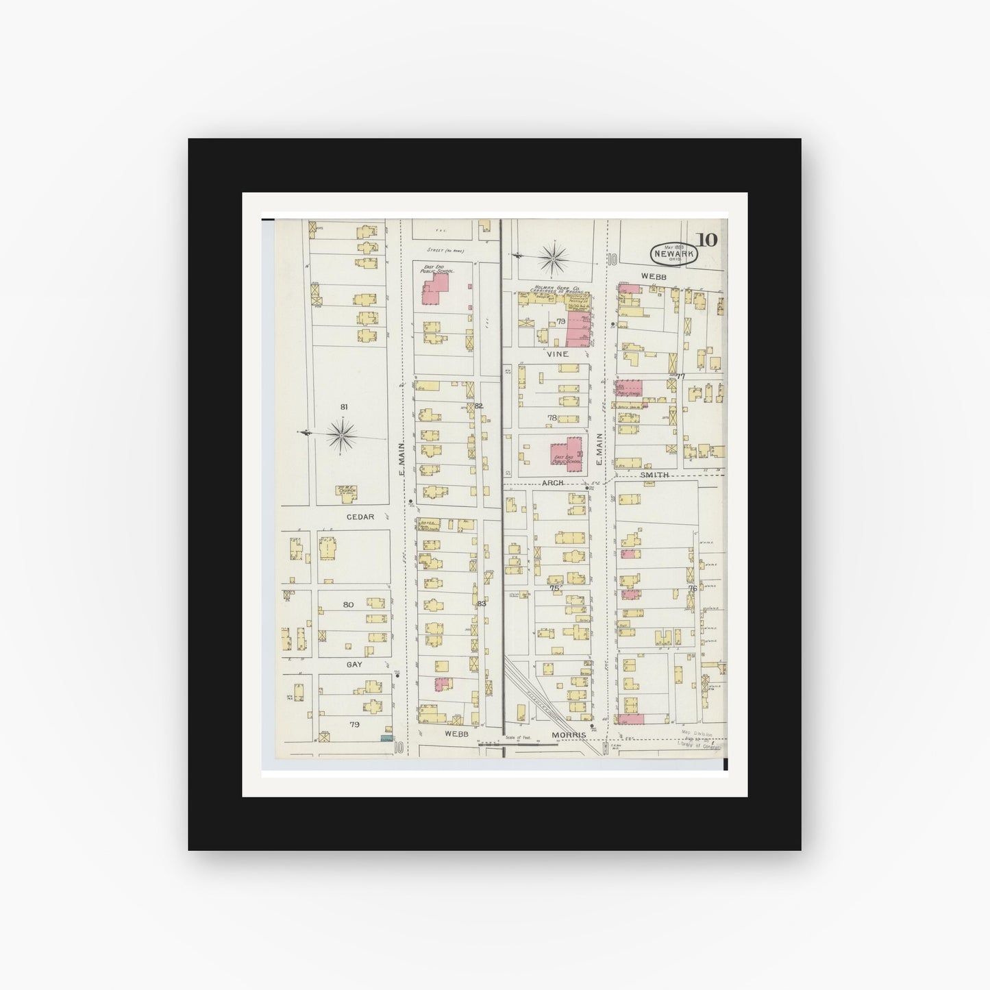 Old map wall art mockup — black gallery frame with white mat — Sanborn Fire Insurance Map from Newark, Licking County, Ohio (1893), Sheet #0010