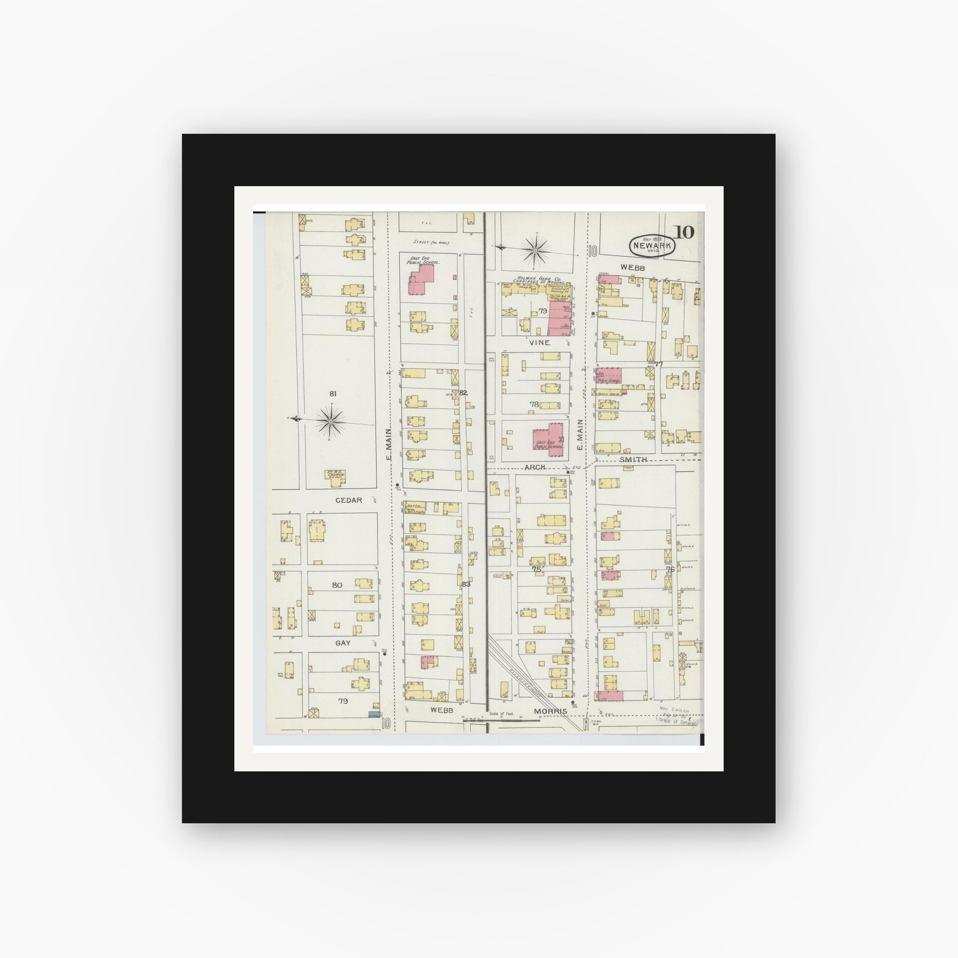 Old map wall art mockup — black gallery frame with white mat — Sanborn Fire Insurance Map from Newark, Licking County, Ohio (1893), Sheet #0010