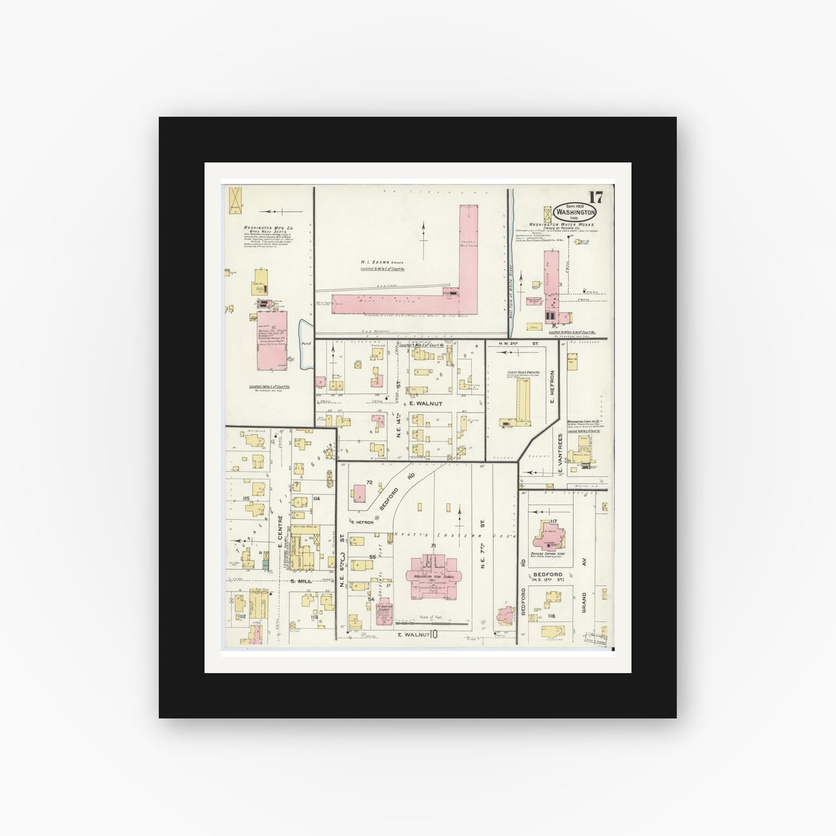 Old map wall art mockup — black gallery frame with white mat — Sanborn Fire Insurance Map from Washington, Daviess County, Indiana (1909), Sheet #0017