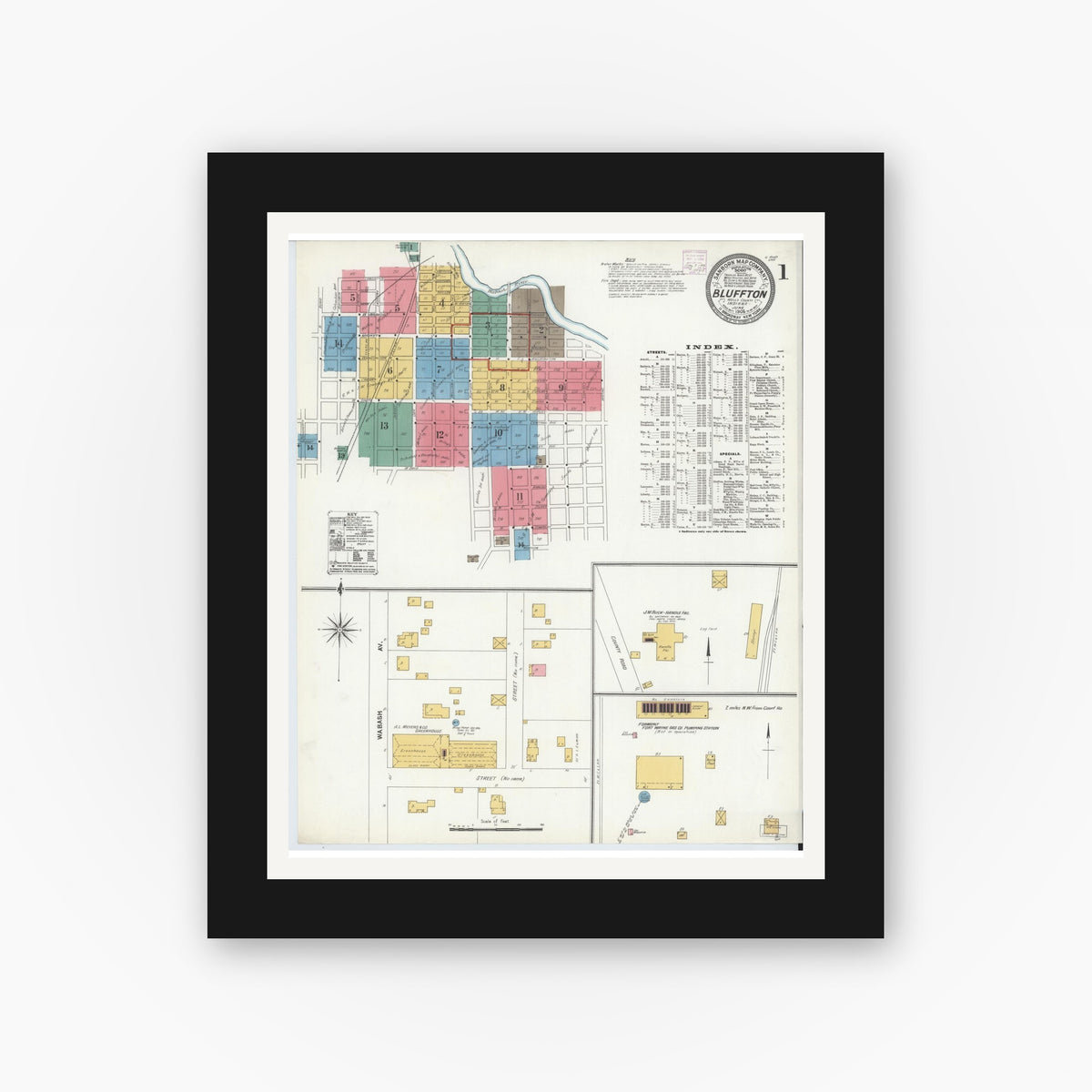 Old map wall art mockup — black gallery frame with white mat — Sanborn Fire Insurance Map from Bluffton, Wells County, Indiana (1906), Sheet #0001