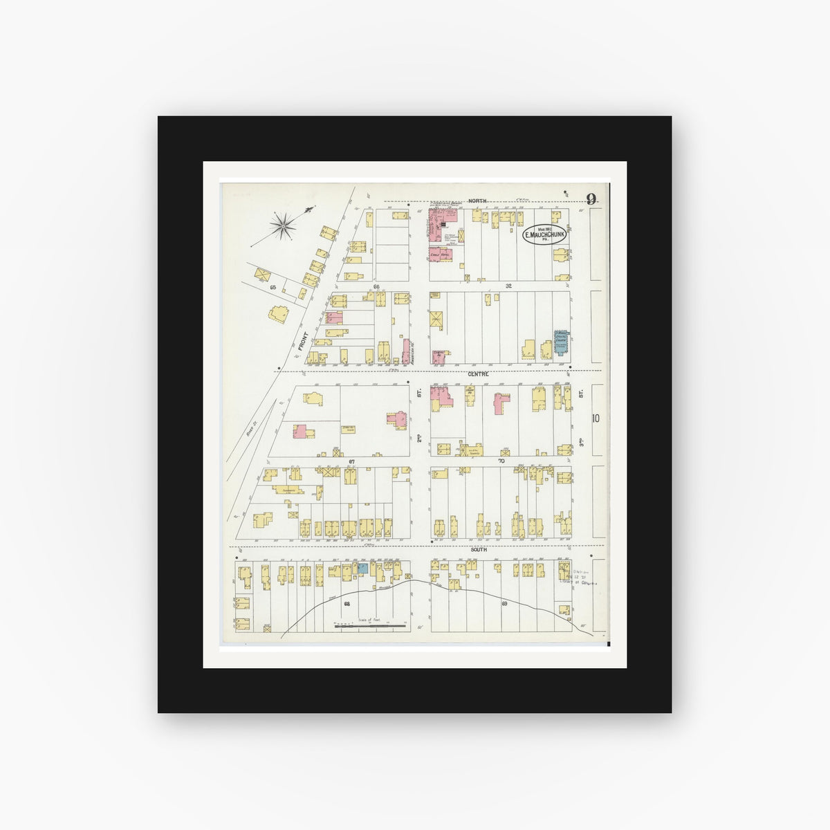 Old map wall art mockup — black gallery frame with white mat — Sanborn Fire Insurance Map from Mauch Chunk, Carbon County, Pennsylvania (1902), Sheet #0009