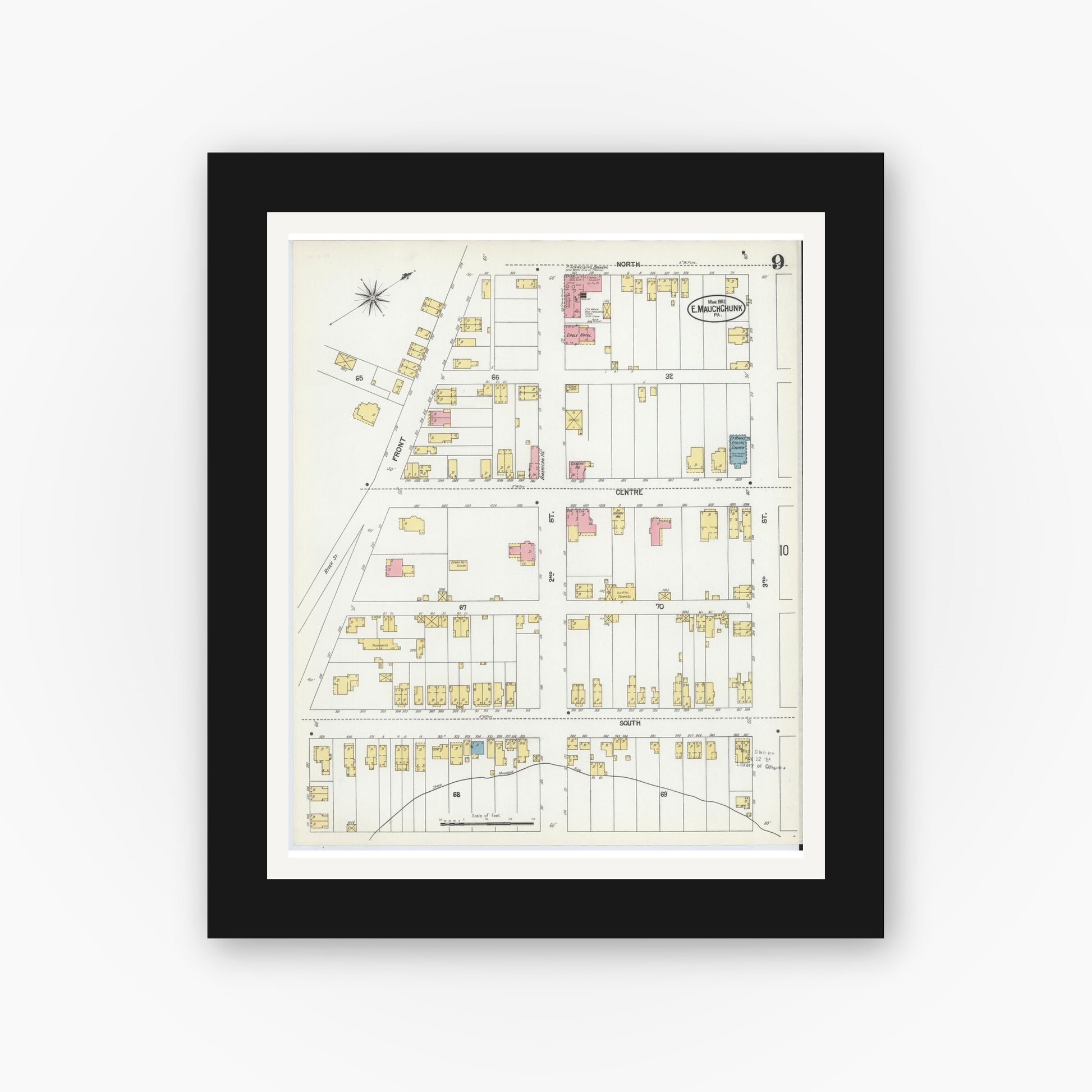 Old map wall art mockup — black gallery frame with white mat — Sanborn Fire Insurance Map from Mauch Chunk, Carbon County, Pennsylvania (1902), Sheet #0009
