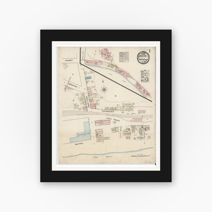 Old map wall art mockup — black gallery frame with white mat — Sanborn Fire Insurance Map from Rochester, Beaver County, Pennsylvania (1884), Sheet #0001