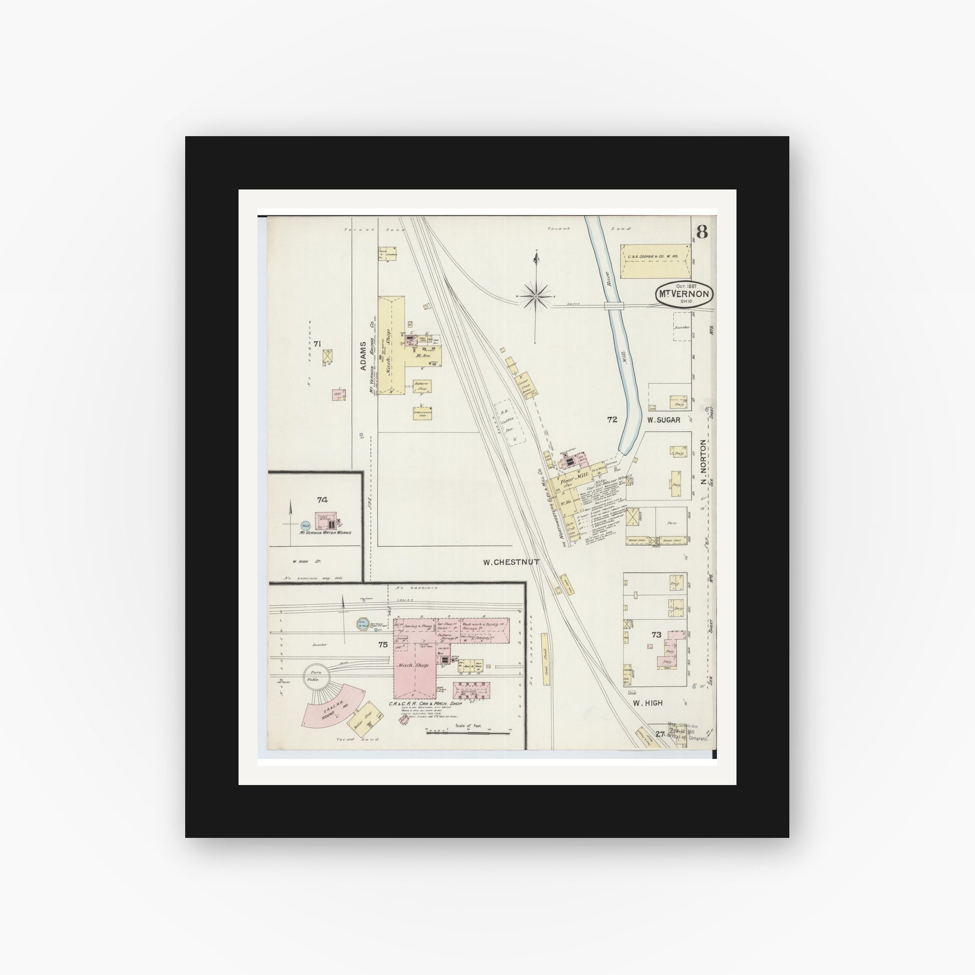 Old map wall art mockup — black gallery frame with white mat — Sanborn Fire Insurance Map from Mount Vernon, Knox County, Ohio (1887), Sheet #0008