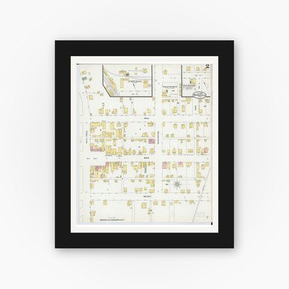 Old map wall art mockup — black gallery frame with white mat — Sanborn Fire Insurance Map from Woodsfield, Monroe County, Ohio (1899), Sheet #0002