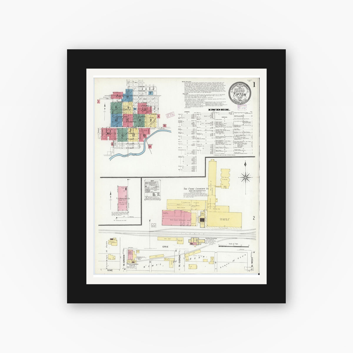 Old map wall art mockup — black gallery frame with white mat — Sanborn Fire Insurance Map from Tipton, Tipton County, Indiana (1909), Sheet #0001