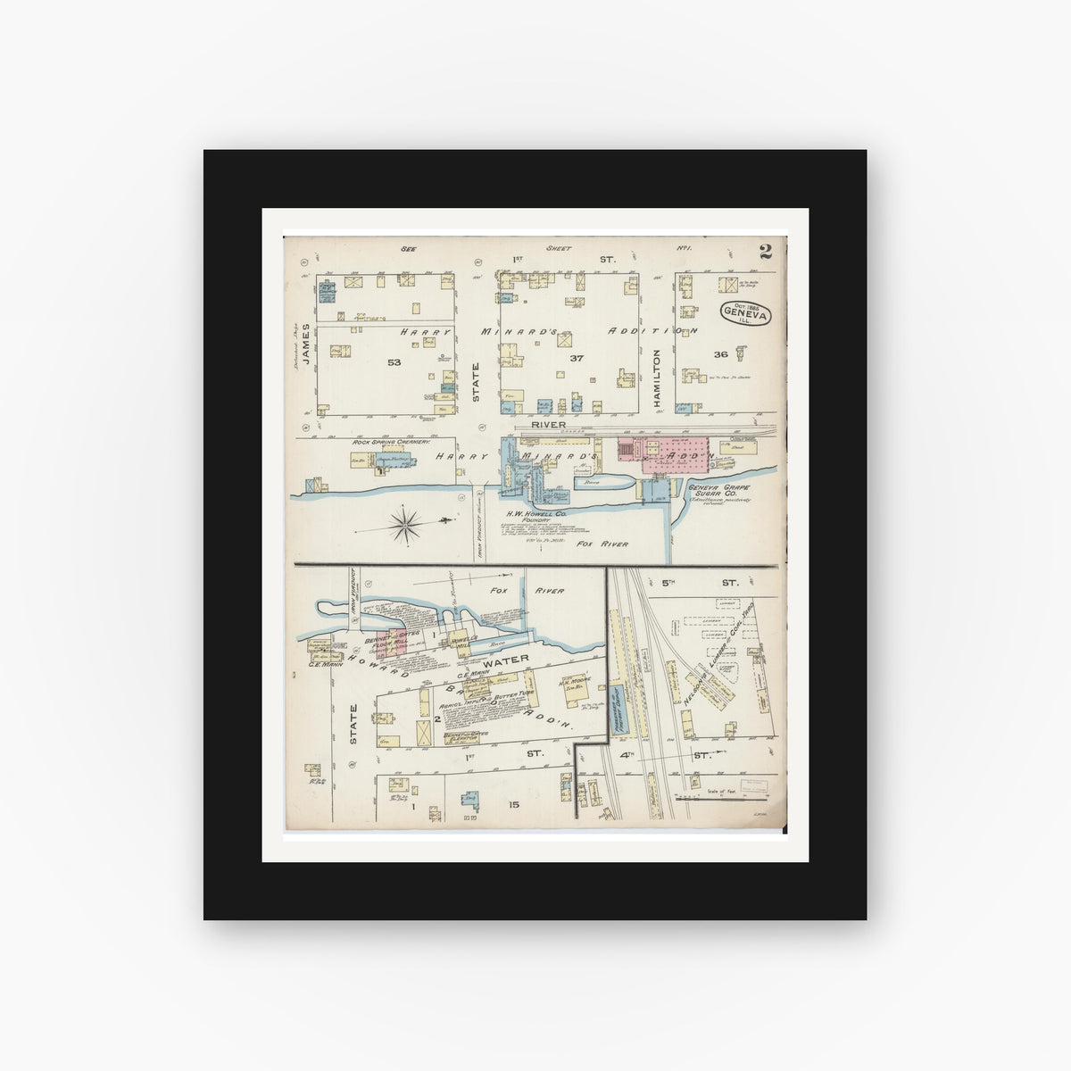 Old map wall art mockup — black gallery frame with white mat — Sanborn Fire Insurance Map from Geneva, Kane County, Illinois (1885), Sheet #0002