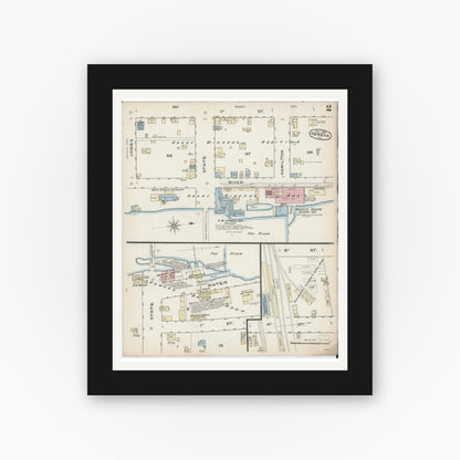Old map wall art mockup — black gallery frame with white mat — Sanborn Fire Insurance Map from Geneva, Kane County, Illinois (1885), Sheet #0002