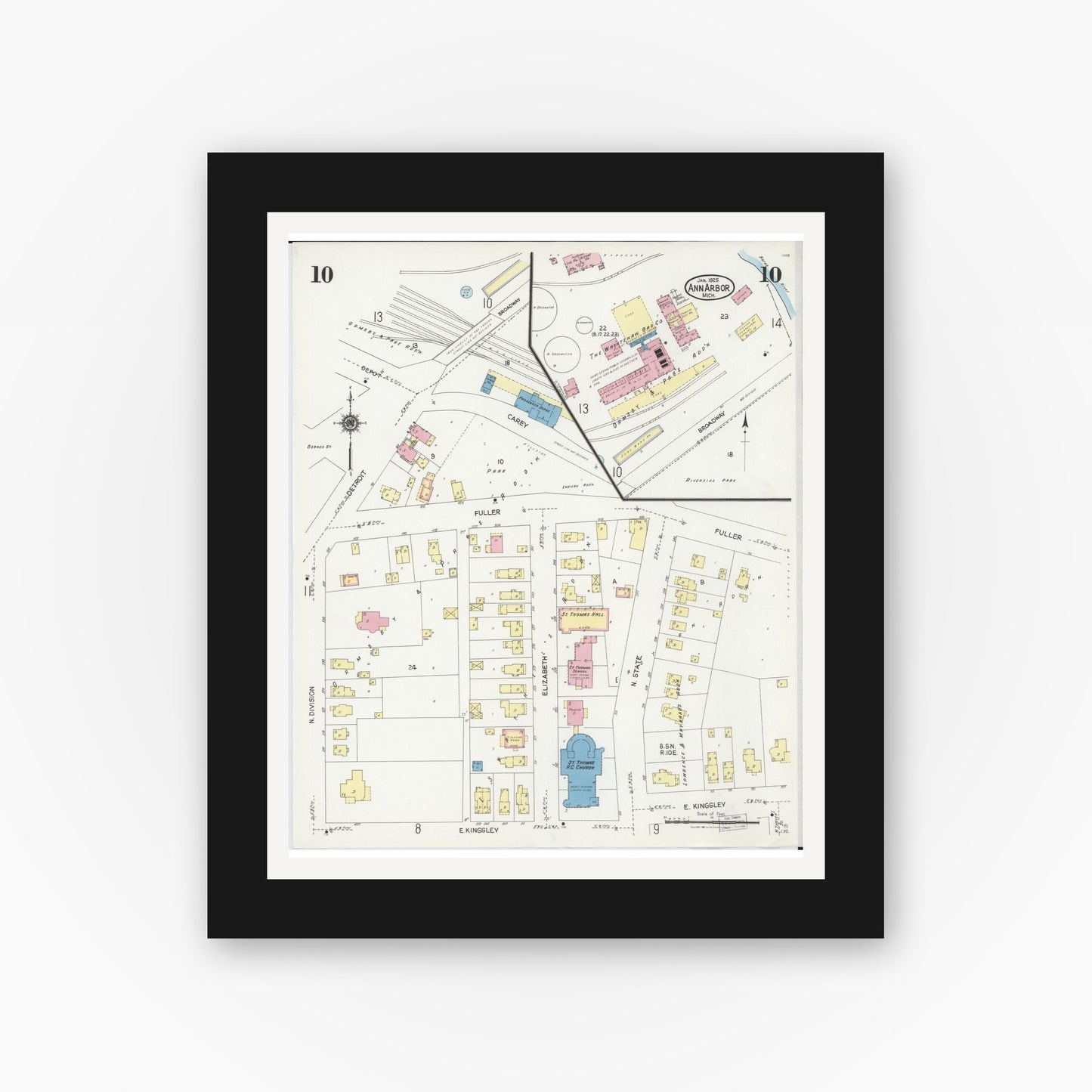 Old map wall art mockup — black gallery frame with white mat — Sanborn Fire Insurance Map from Ann Arbor, Washtenaw County, Michigan (1925), Sheet #0010