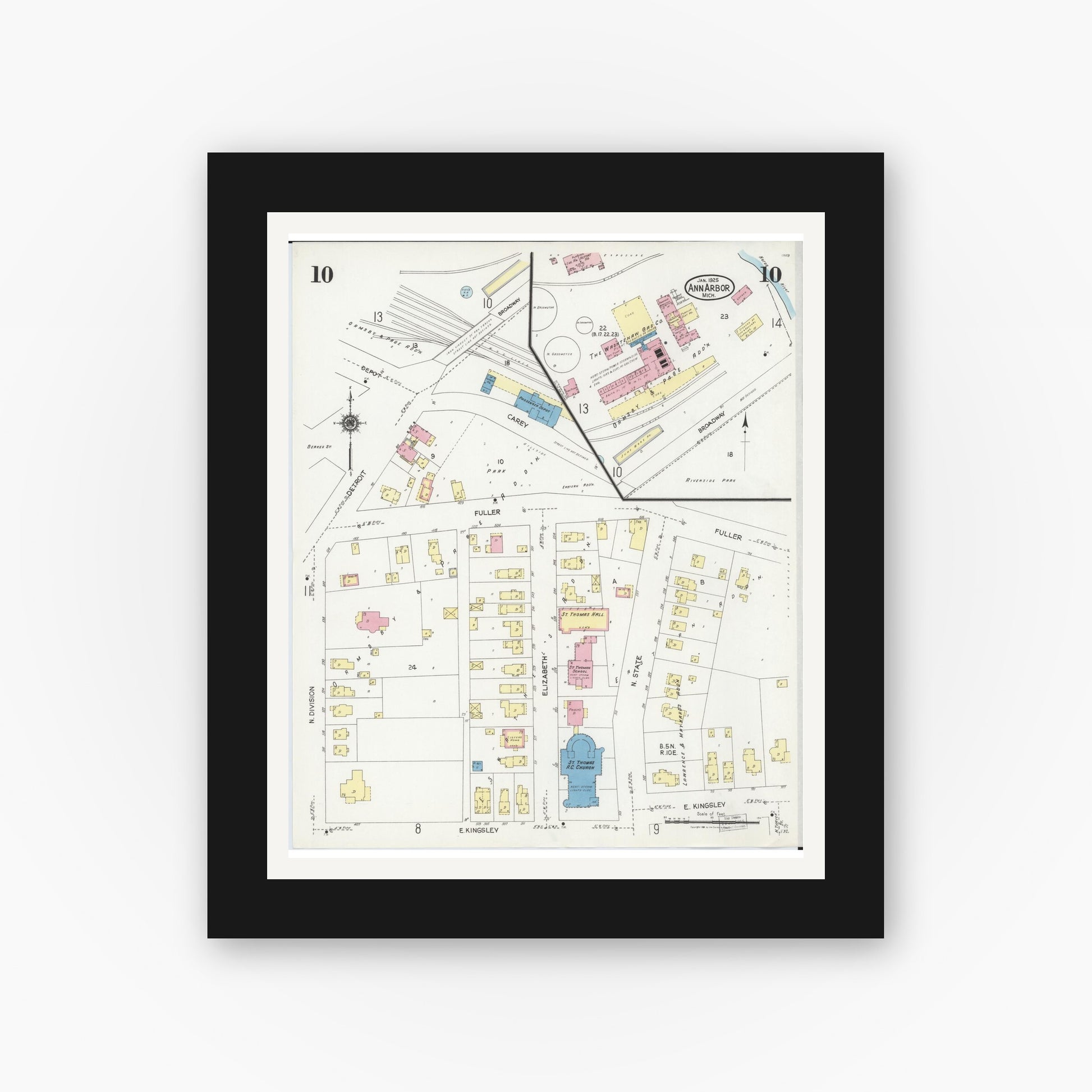 Old map wall art mockup — black gallery frame with white mat — Sanborn Fire Insurance Map from Ann Arbor, Washtenaw County, Michigan (1925), Sheet #0010