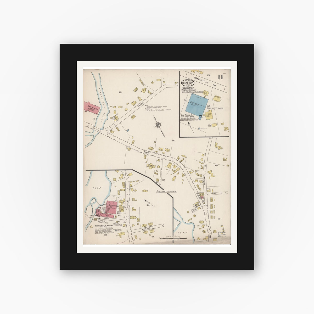 Old map wall art mockup — black gallery frame with white mat — Sanborn Fire Insurance Map from Grafton, Worcester County, Massachusetts (1922), Sheet #0011