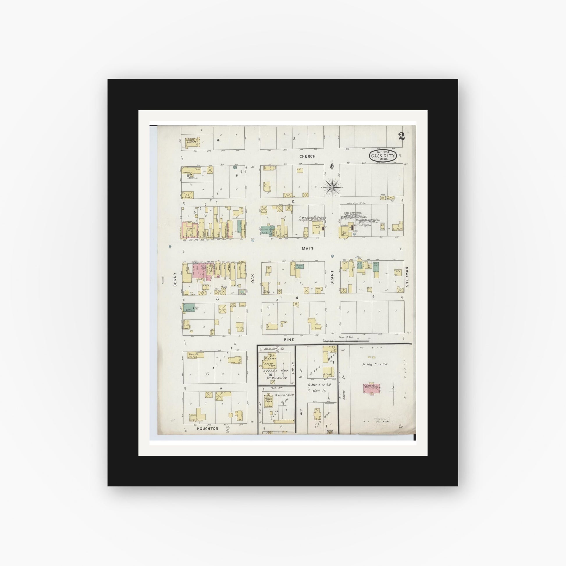 Old map wall art mockup — black gallery frame with white mat — Sanborn Fire Insurance Map from Cass City, Tuscola County, Michigan (1894), Sheet #0002