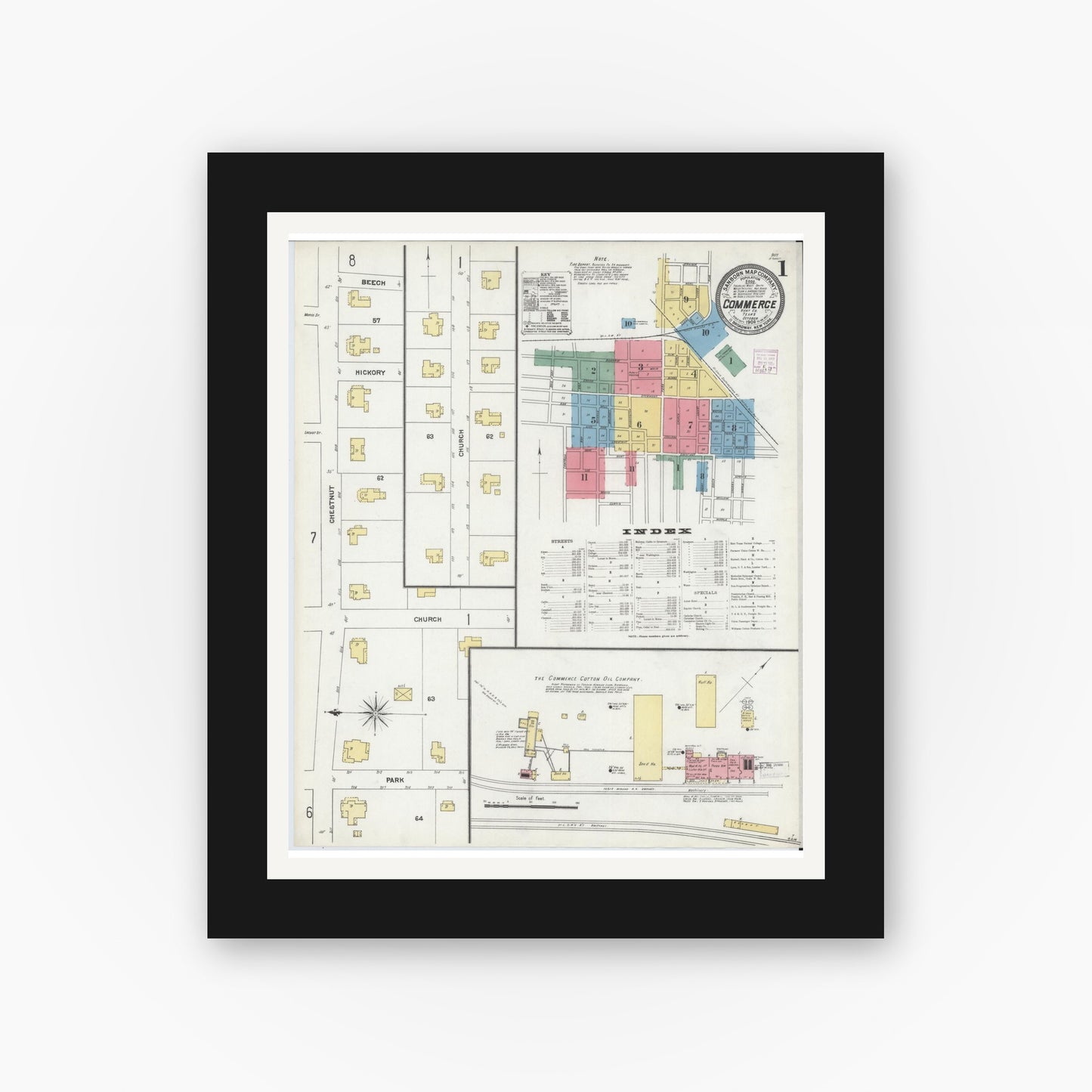 Old map wall art mockup — black gallery frame with white mat — Sanborn Fire Insurance Map from Commerce, Hunt County, Texas (1906), Sheet #0001