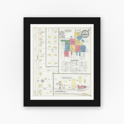 Old map wall art mockup — black gallery frame with white mat — Sanborn Fire Insurance Map from Commerce, Hunt County, Texas (1906), Sheet #0001
