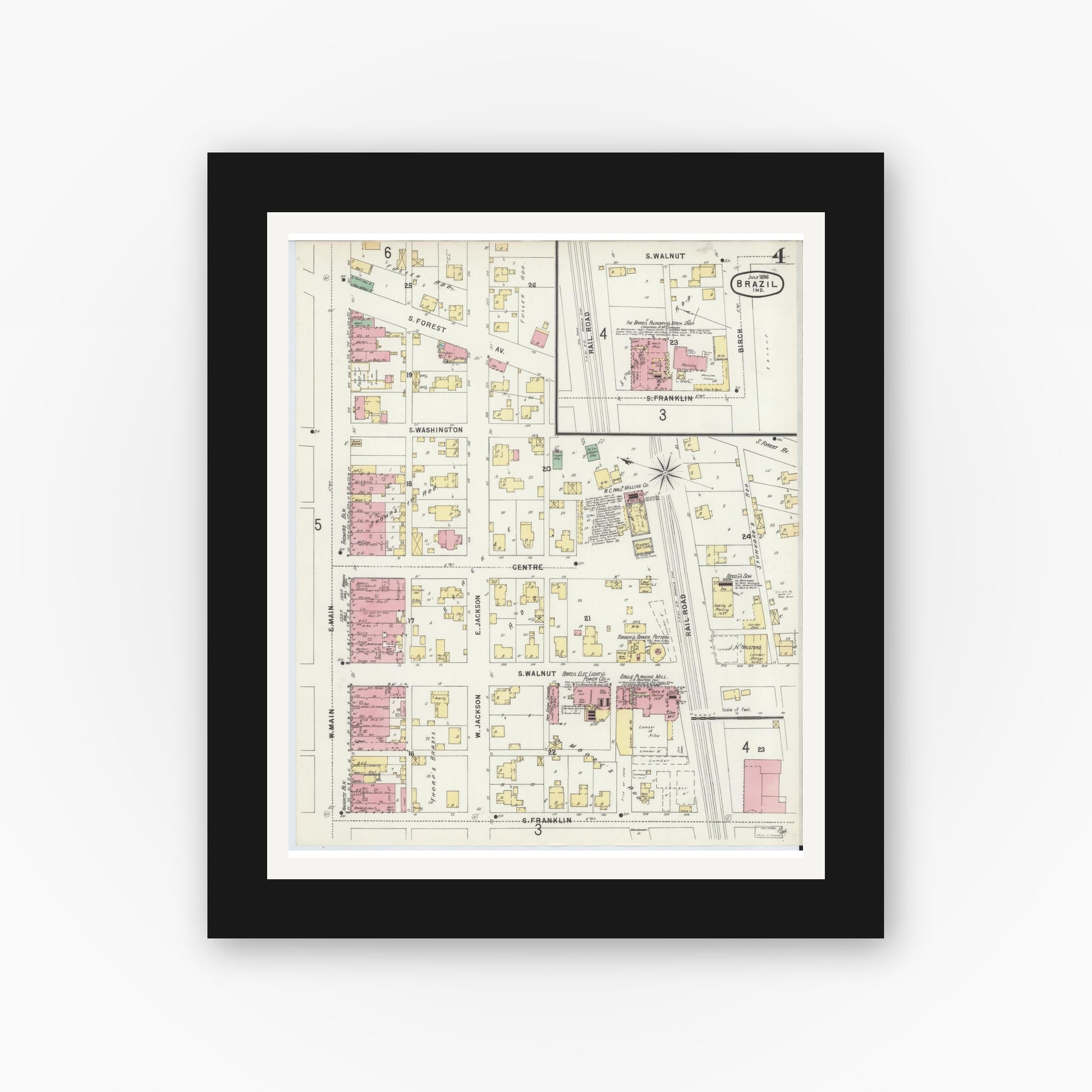 Old map wall art mockup — black gallery frame with white mat — Sanborn Fire Insurance Map from Brazil, Clay County, Indiana (1896), Sheet #0004