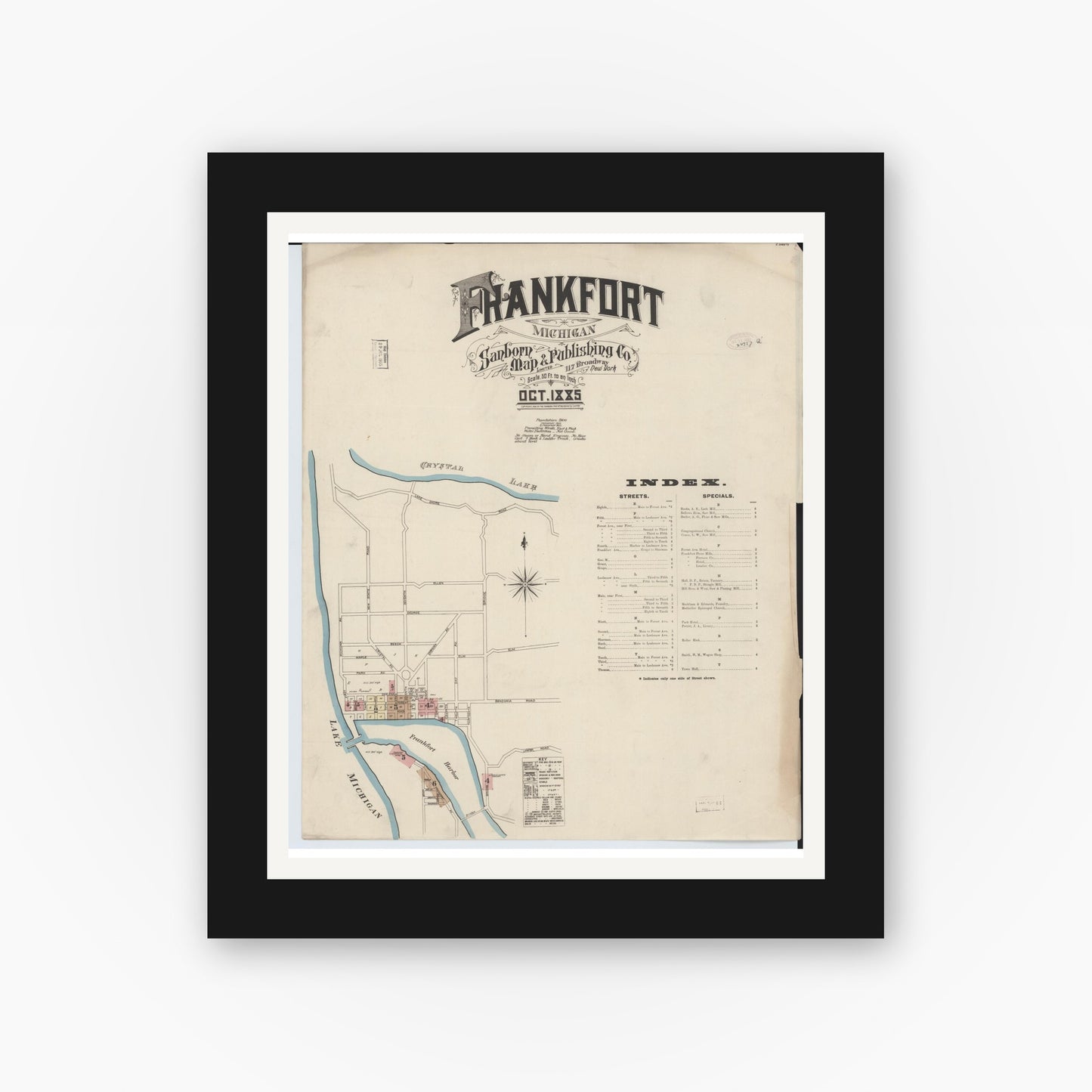 Old map wall art mockup — black gallery frame with white mat — Sanborn Fire Insurance Map from Frankfort, Benzie County, Michigan (1885), Sheet #0001
