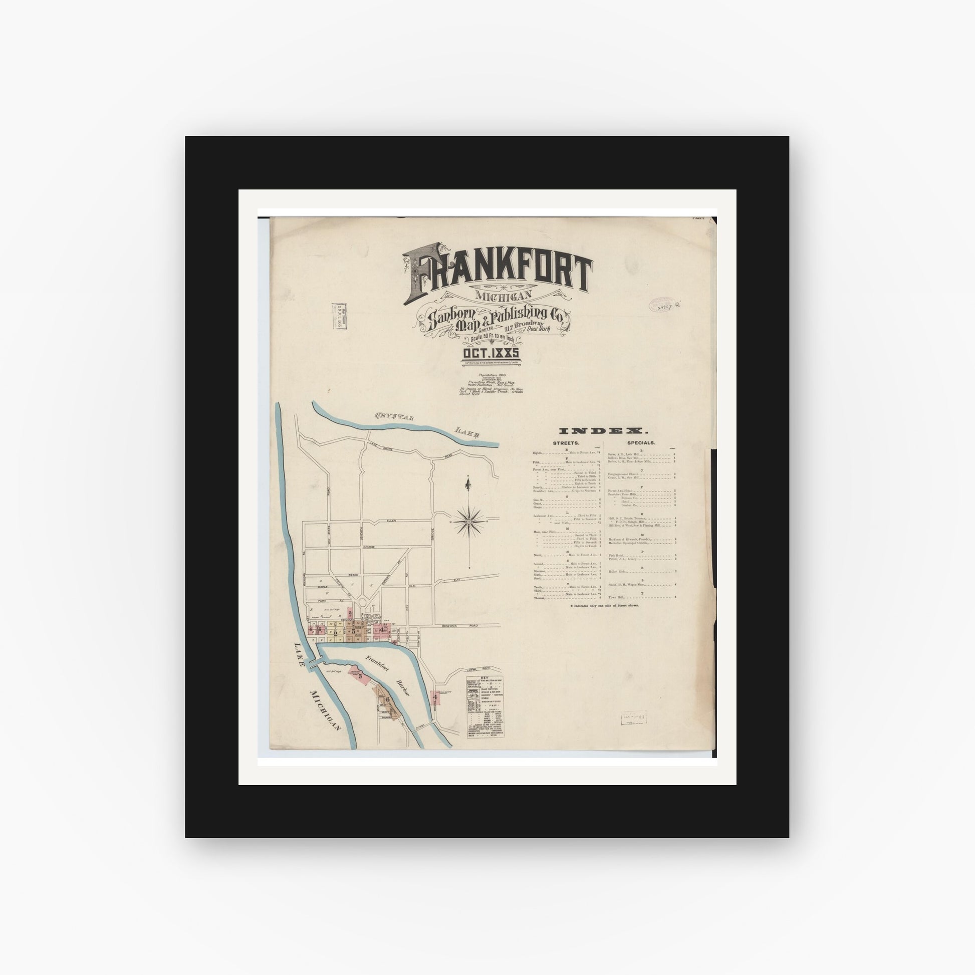 Old map wall art mockup — black gallery frame with white mat — Sanborn Fire Insurance Map from Frankfort, Benzie County, Michigan (1885), Sheet #0001
