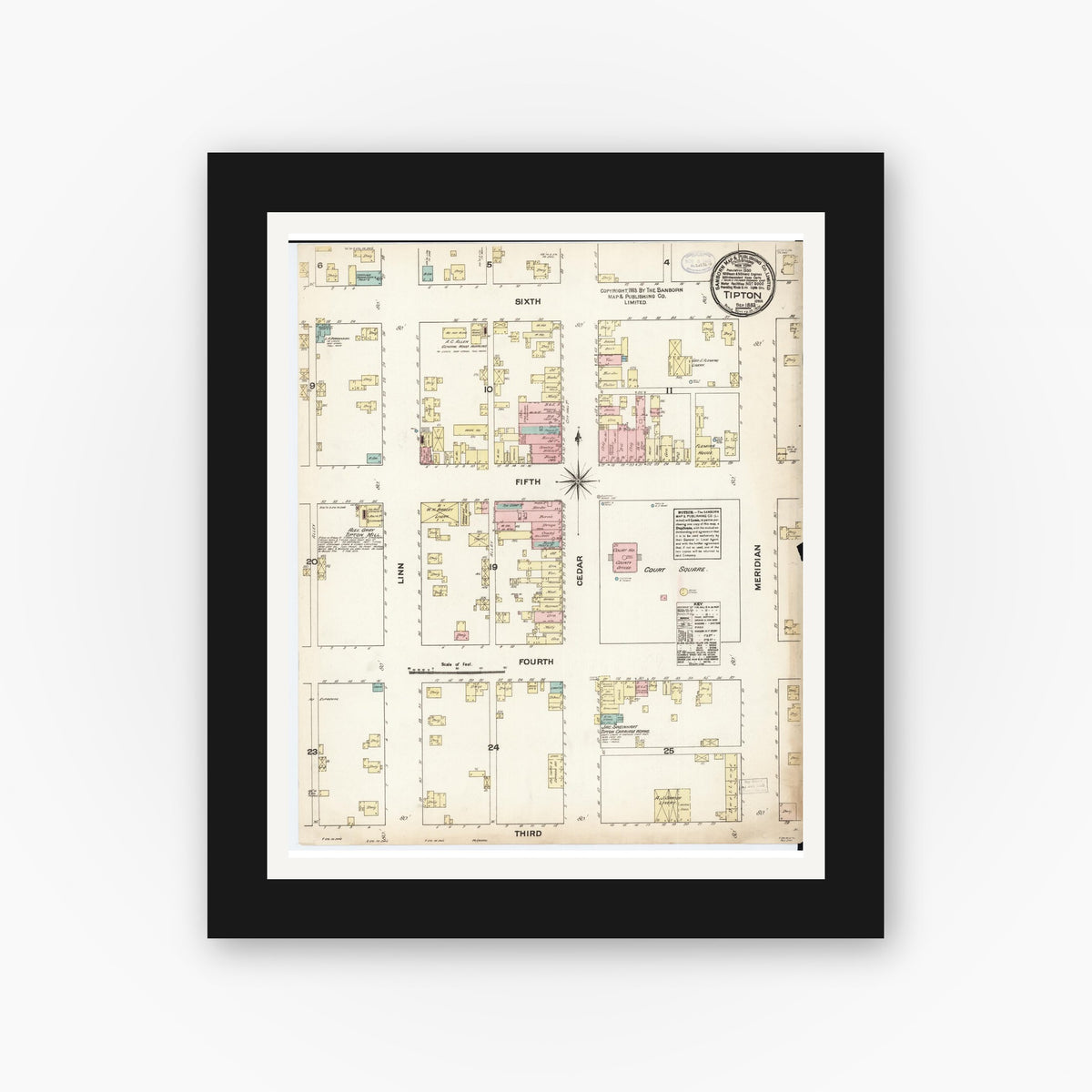 Old map wall art mockup — black gallery frame with white mat — Sanborn Fire Insurance Map from Tipton, Cedar County, Iowa (1883), Sheet #0001