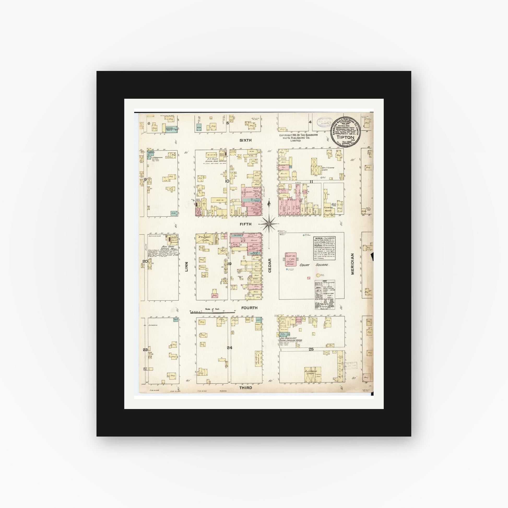 Old map wall art mockup — black gallery frame with white mat — Sanborn Fire Insurance Map from Tipton, Cedar County, Iowa (1883), Sheet #0001