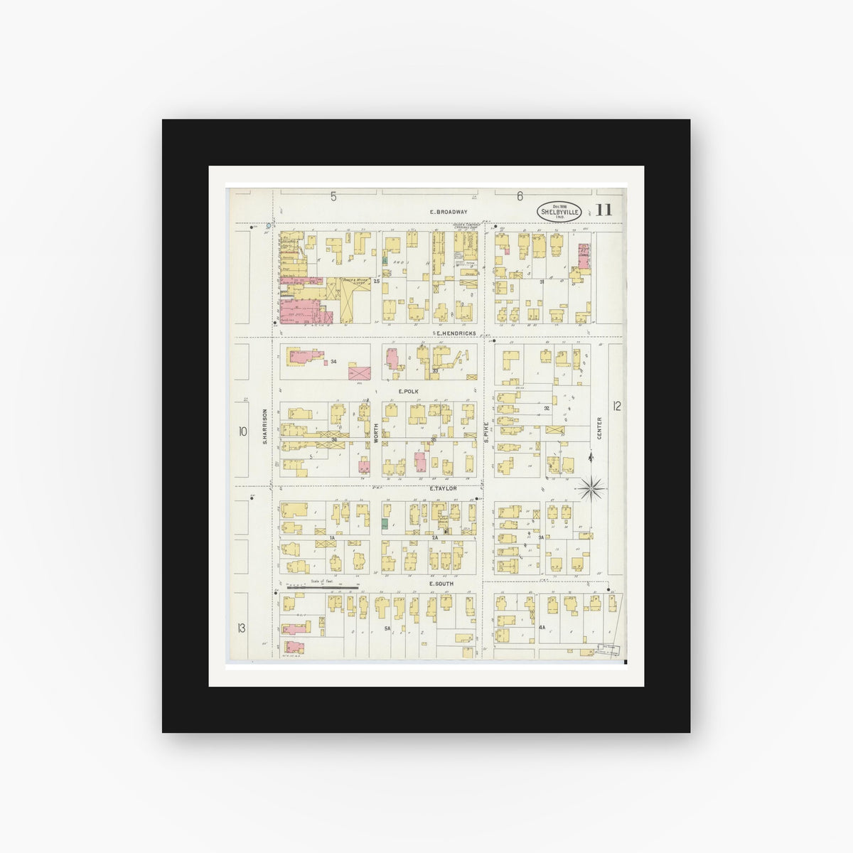 Old map wall art mockup — black gallery frame with white mat — Sanborn Fire Insurance Map from Shelbyville, Shelby County, Indiana (1898), Sheet #0011