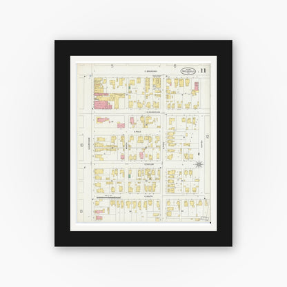 Old map wall art mockup — black gallery frame with white mat — Sanborn Fire Insurance Map from Shelbyville, Shelby County, Indiana (1898), Sheet #0011