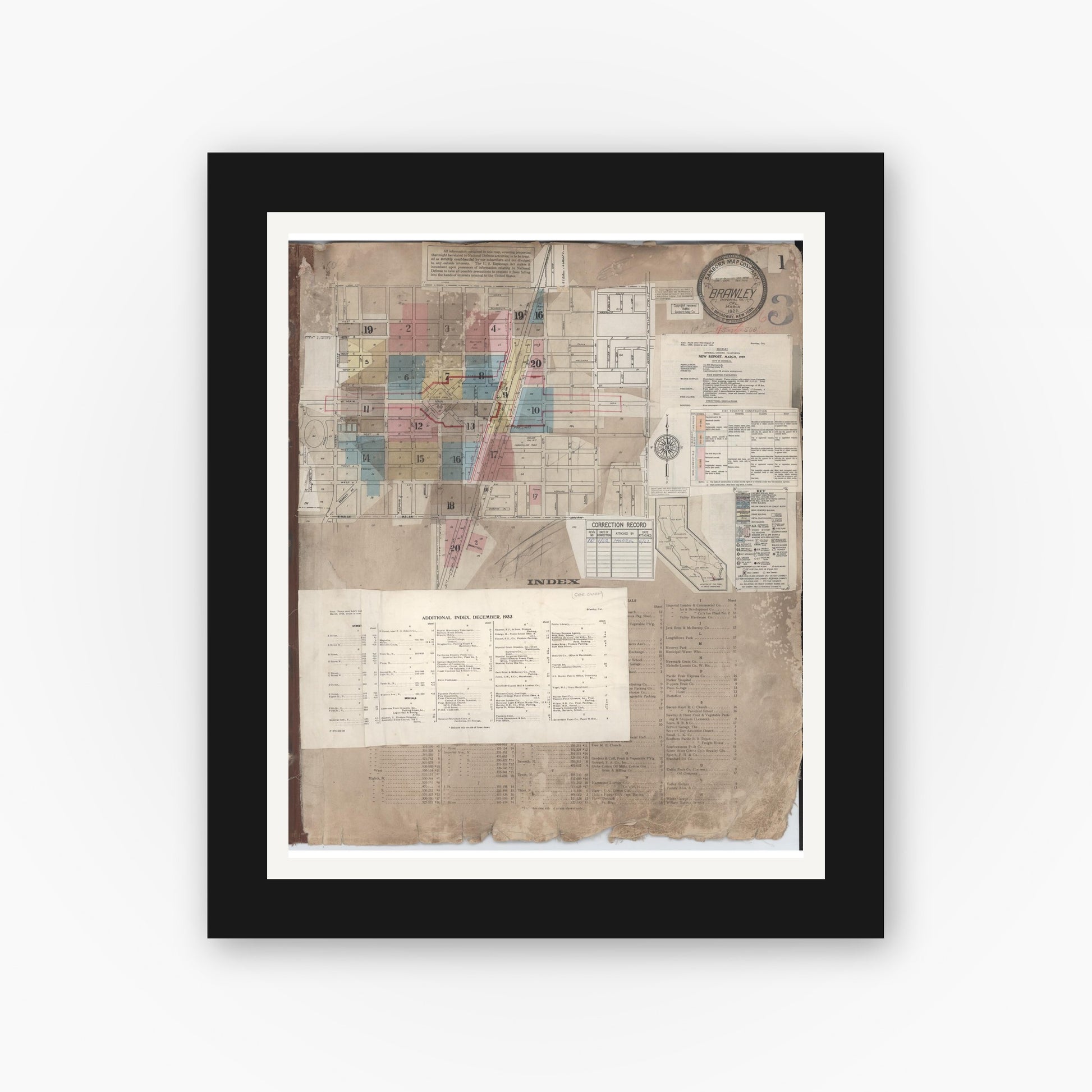 Old map wall art mockup — black gallery frame with white mat — Sanborn Fire Insurance Map from Brawley, Imperial County, California (1962), Sheet #0001