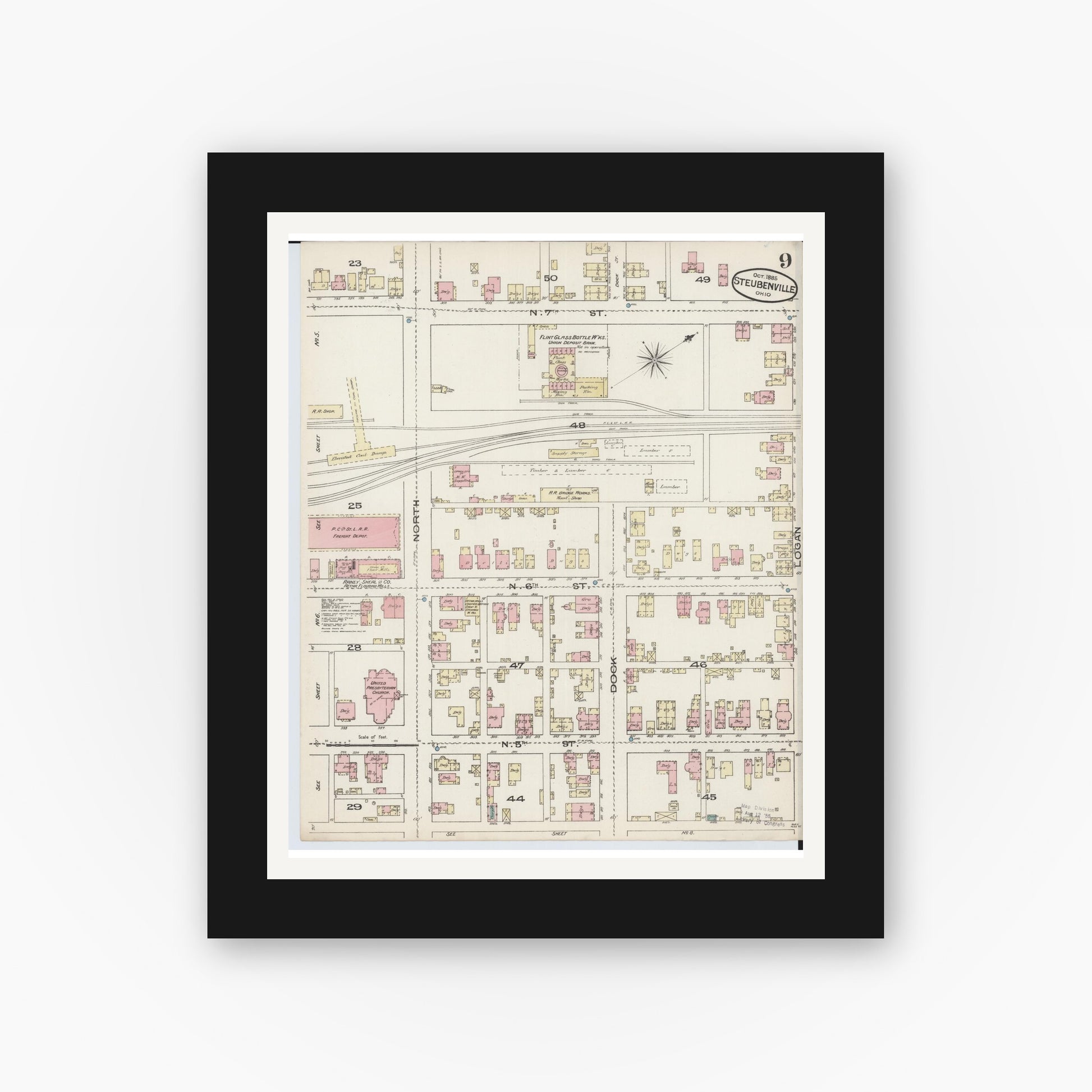 Old map wall art mockup — black gallery frame with white mat — Sanborn Fire Insurance Map from Steubenville, Jefferson County, Ohio (1885), Sheet #0009