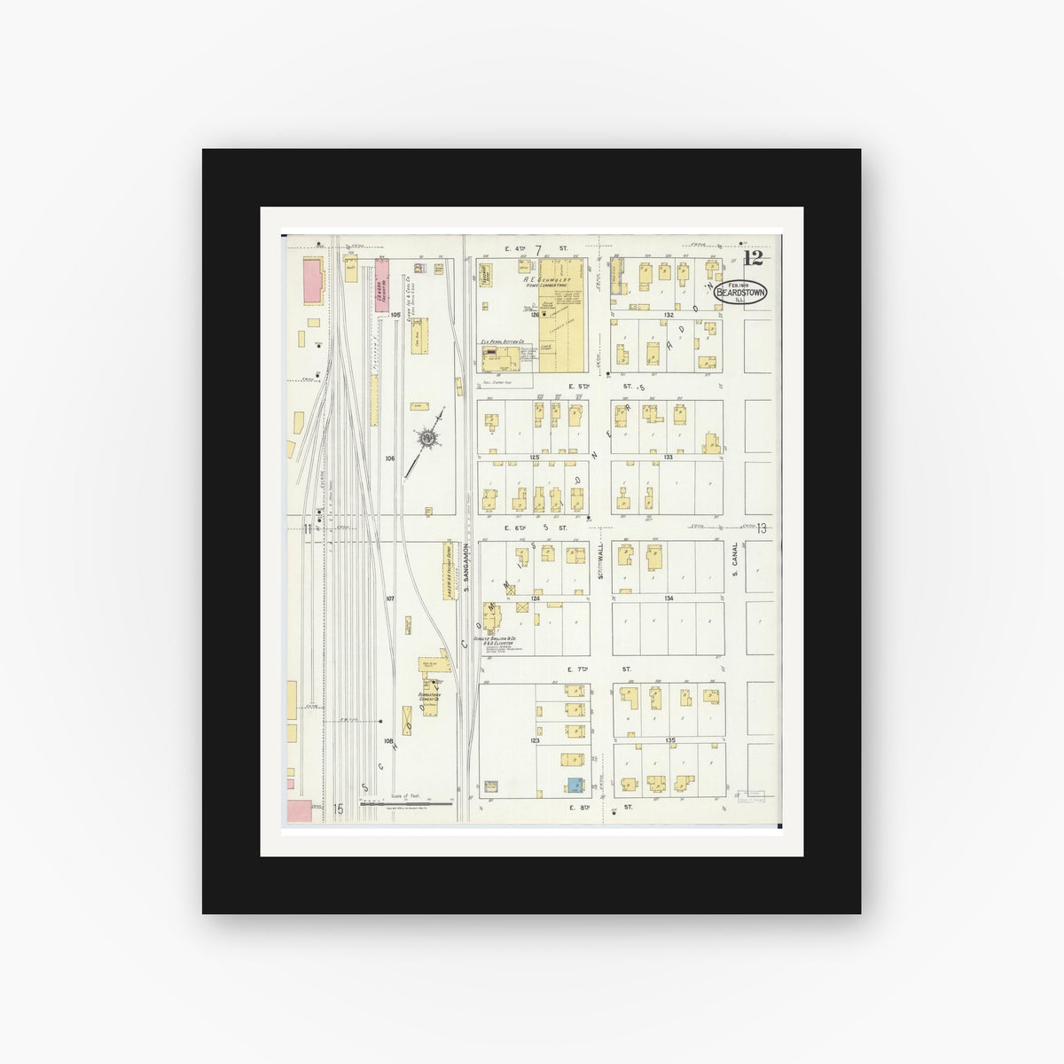 Old map wall art mockup — black gallery frame with white mat — Sanborn Fire Insurance Map from Beardstown, Cass County, Illinois (1919), Sheet #0012