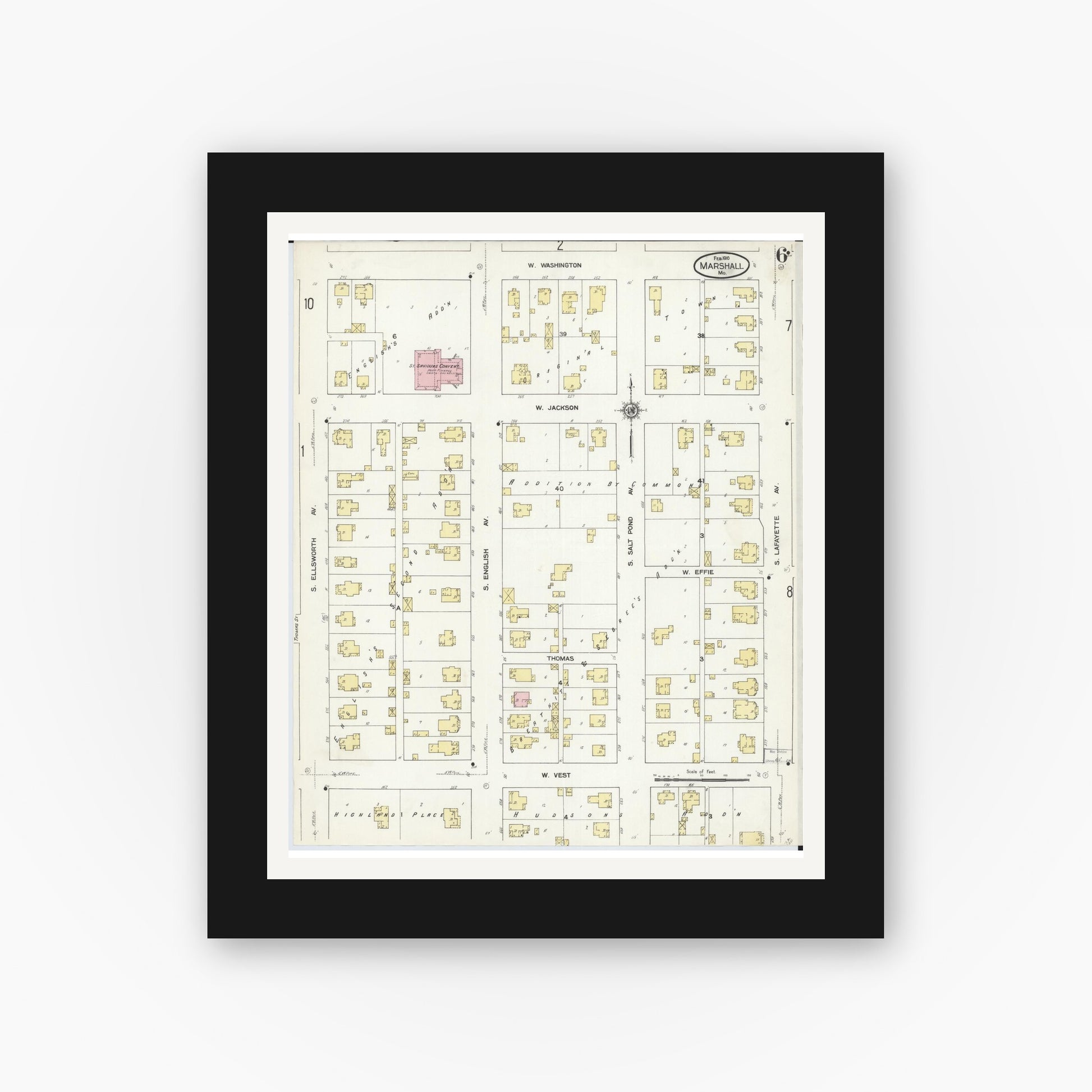 Old map wall art mockup — black gallery frame with white mat — Sanborn Fire Insurance Map from Marshall, Saline County, Missouri (1910), Sheet #0006