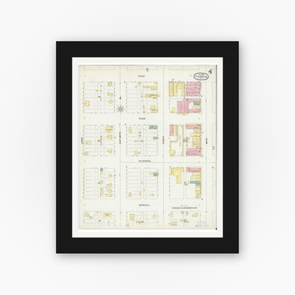 Old map wall art mockup — black gallery frame with white mat — Sanborn Fire Insurance Map from Vernon, Wilbarger County, Texas (1896), Sheet #0004
