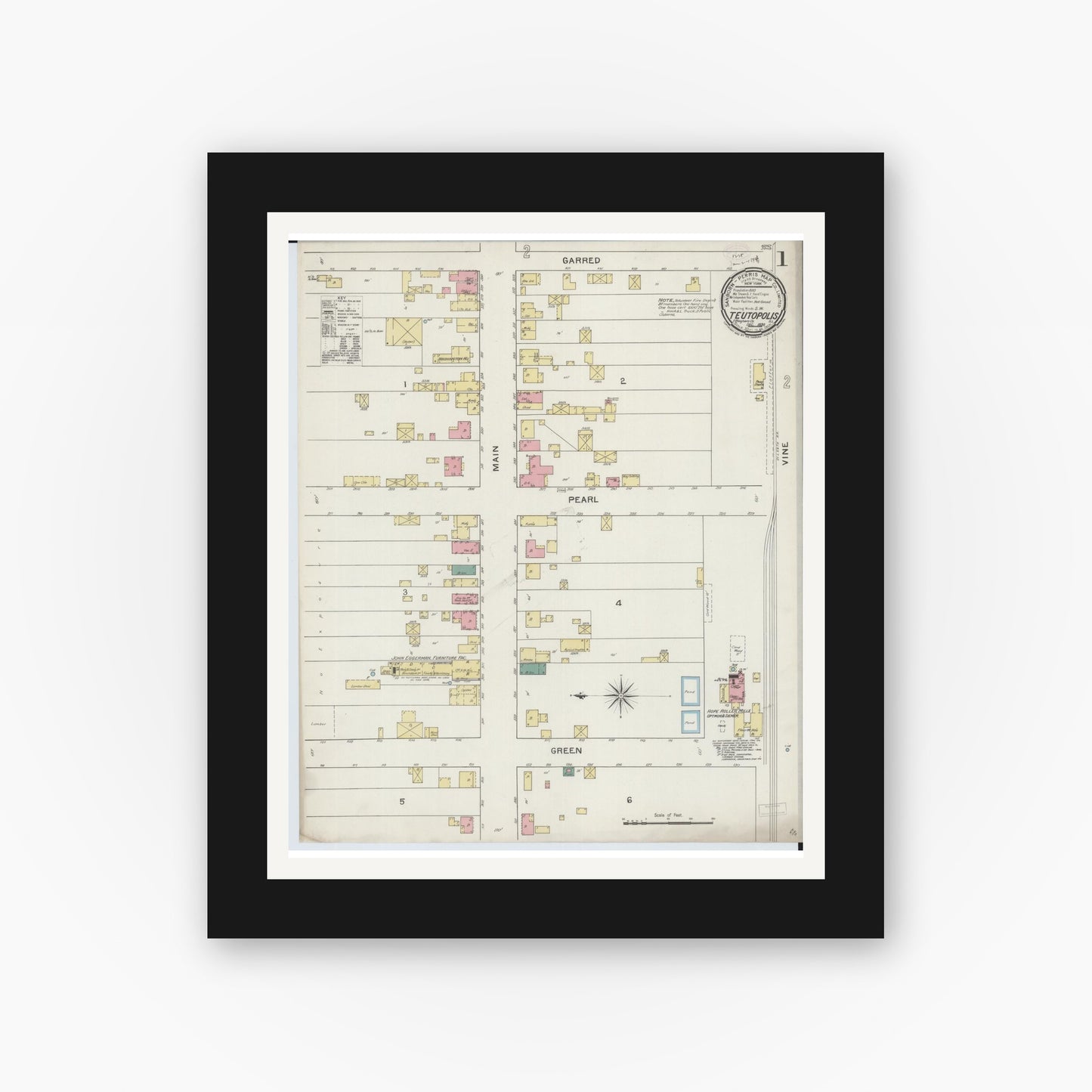 Old map wall art mockup — black gallery frame with white mat — Sanborn Fire Insurance Map from Teutopolis, Effingham County, Illinois (1893), Sheet #0001