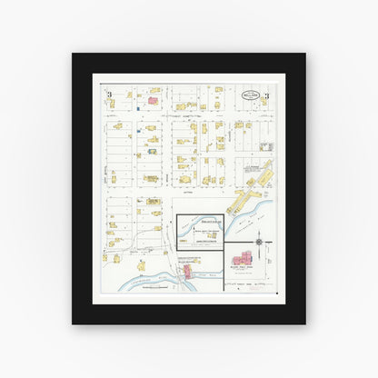 Old map wall art mockup — black gallery frame with white mat — Sanborn Fire Insurance Map from Bellaire, Antrim County, Michigan (1929), Sheet #0003