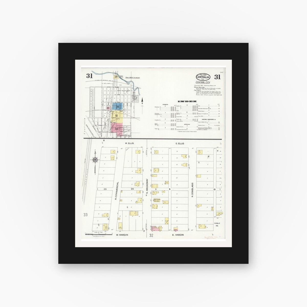Old map wall art mockup — black gallery frame with white mat — Sanborn Fire Insurance Map from Centralia, Marion, Clinton, Jefferson, and Washington Counties, Illinois (1924), Sheet #0031