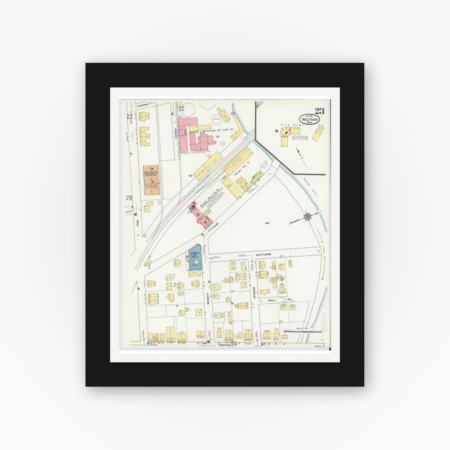 Old map wall art mockup — black gallery frame with white mat — Sanborn Fire Insurance Map from Waltham, Middlesex County, Massachusetts (1911), Sheet #0023