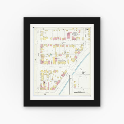 Old map wall art mockup — black gallery frame with white mat — Sanborn Fire Insurance Map from Marietta, Washington County, Ohio (1907), Sheet #0015